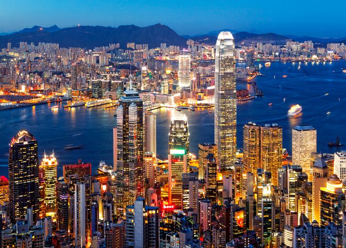 ariel view of Hong Kong city traffic in downtown at sunset moment