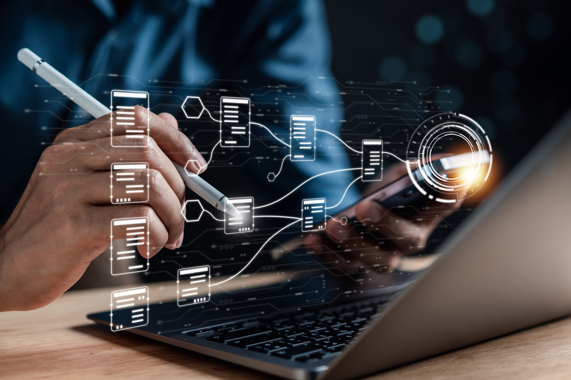 Data analysis of document ai artificial intelligence process with technology processor to planning business information data, tech, network corporate concept.