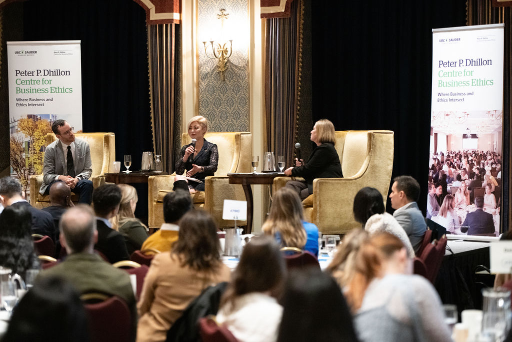 Julian De Freitas, Director of the Ethical Intelligence Lab, Harvard Business School (right), Dr. Rogayeh Tabrizi, Founder and CEO, Theory+Practice (centre) and moderator Jennifer Burns (right) at The Promise and Peril of AI event