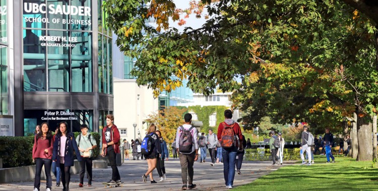 Image of students walking outside in front of the Sauder building