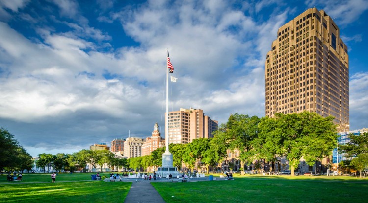 Walkways at the New Haven Green and buildings in downtown