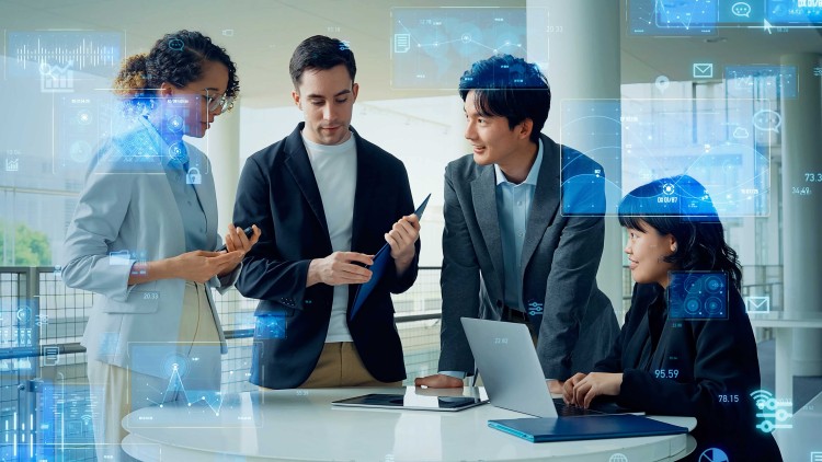 Group of people working together with AI graphics