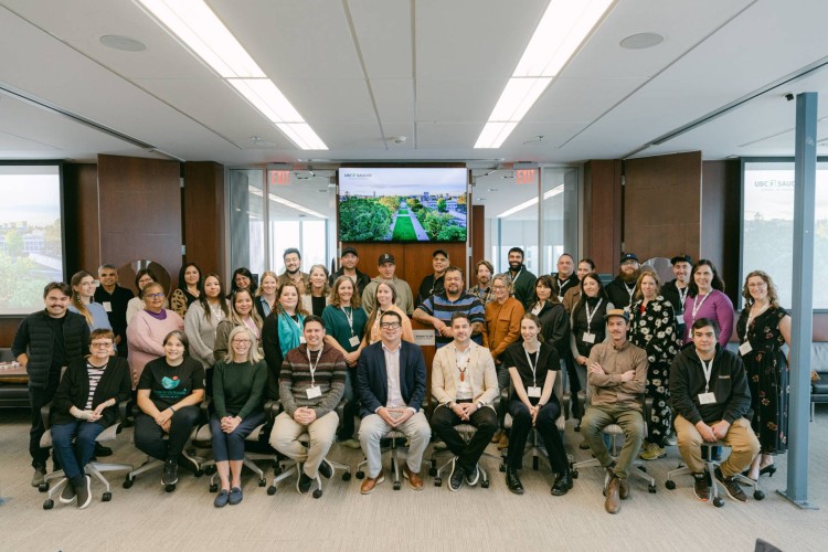 Participants of the Indigenous Stewardship Project Management Program gathered with UBC Sauder School of Business faculty, program partners, and special guests Honourable Randene Neill, Minister of Water, Land and Resource Stewardship, Government of British Columbia and Wade Grant, Parliamentary Secretary to the Minister of Environment and Climate Change.